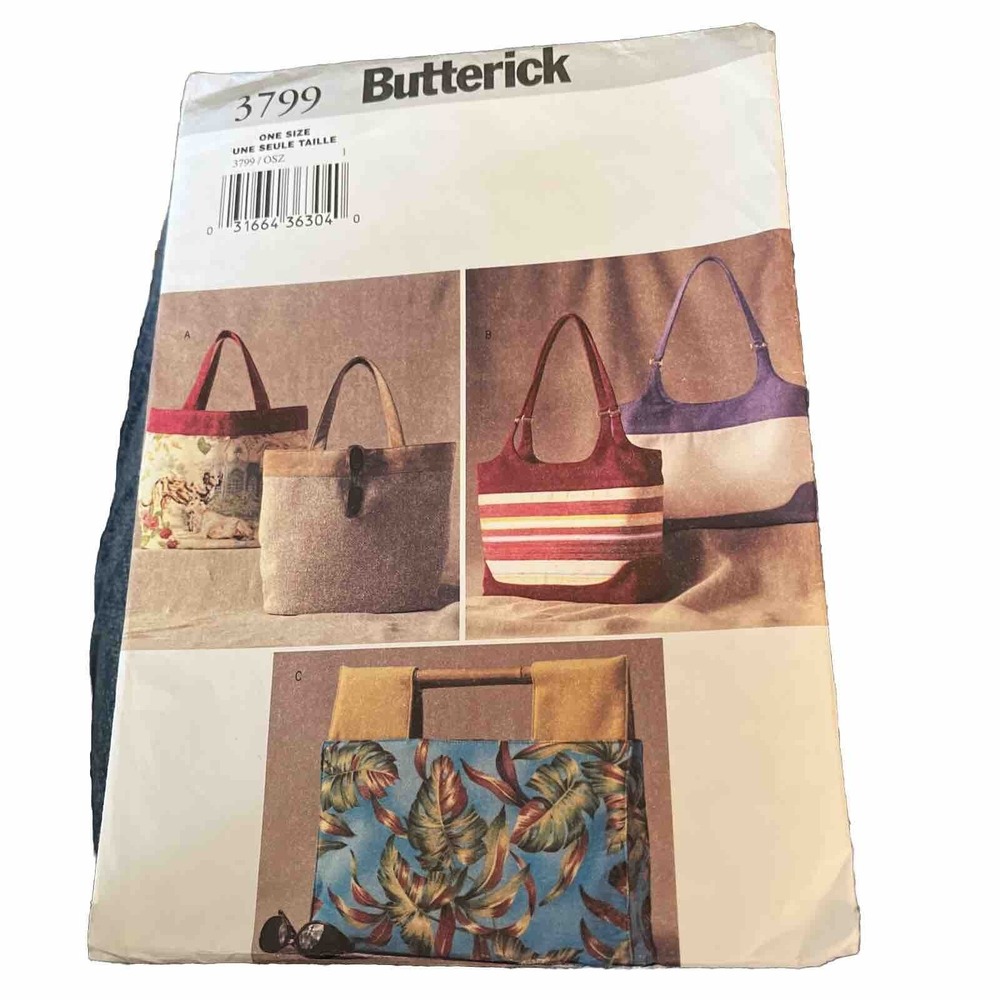 Butterick Sewing Pattern 3799 For 3 Totes Purses Hand Bags